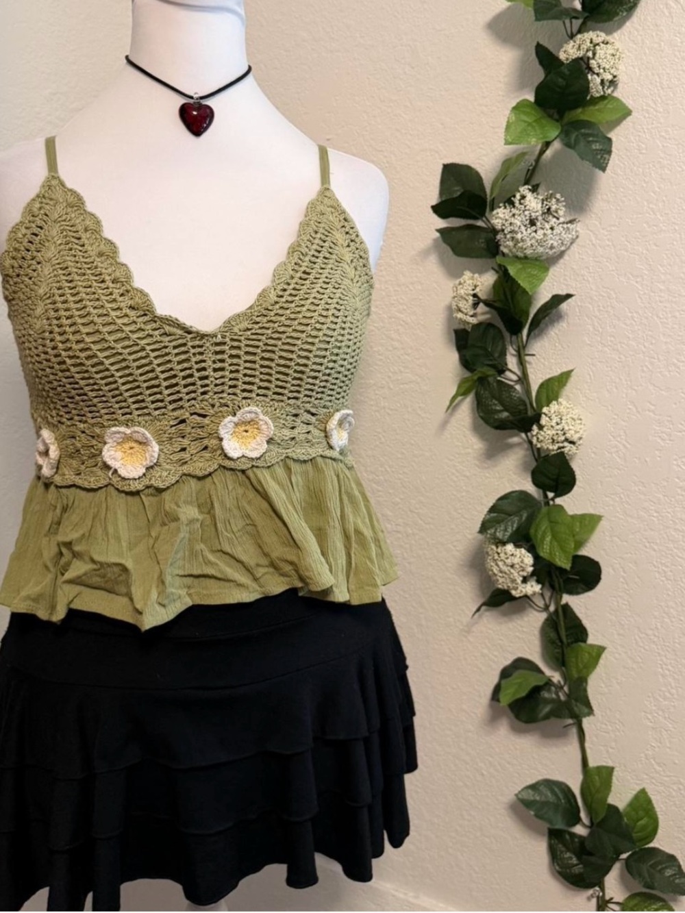 Blush Olive Green Crochet Knit Cami with Floral Trim